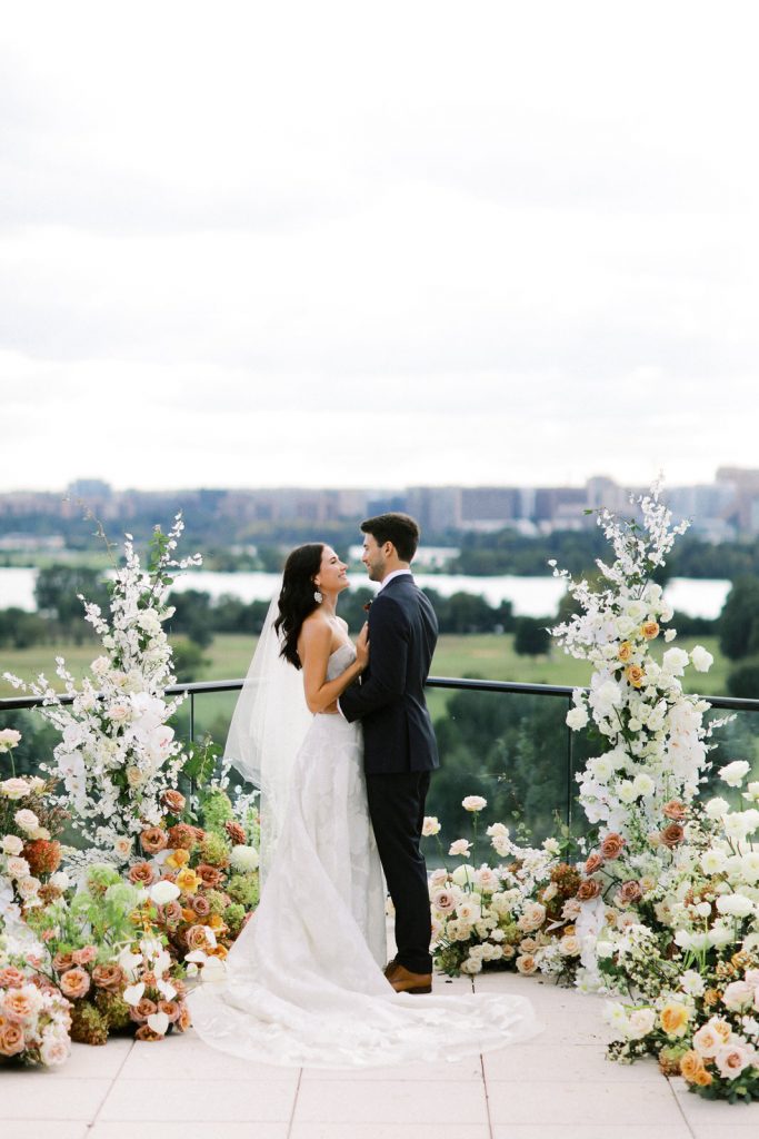 Romantic and modern DC wedding portraits with creative florals by Sweet Root Village at the chic DC wedding venue La Vie Restaurant. Styled by East Made and photographed by DC film wedding photographer Lindley Battle.