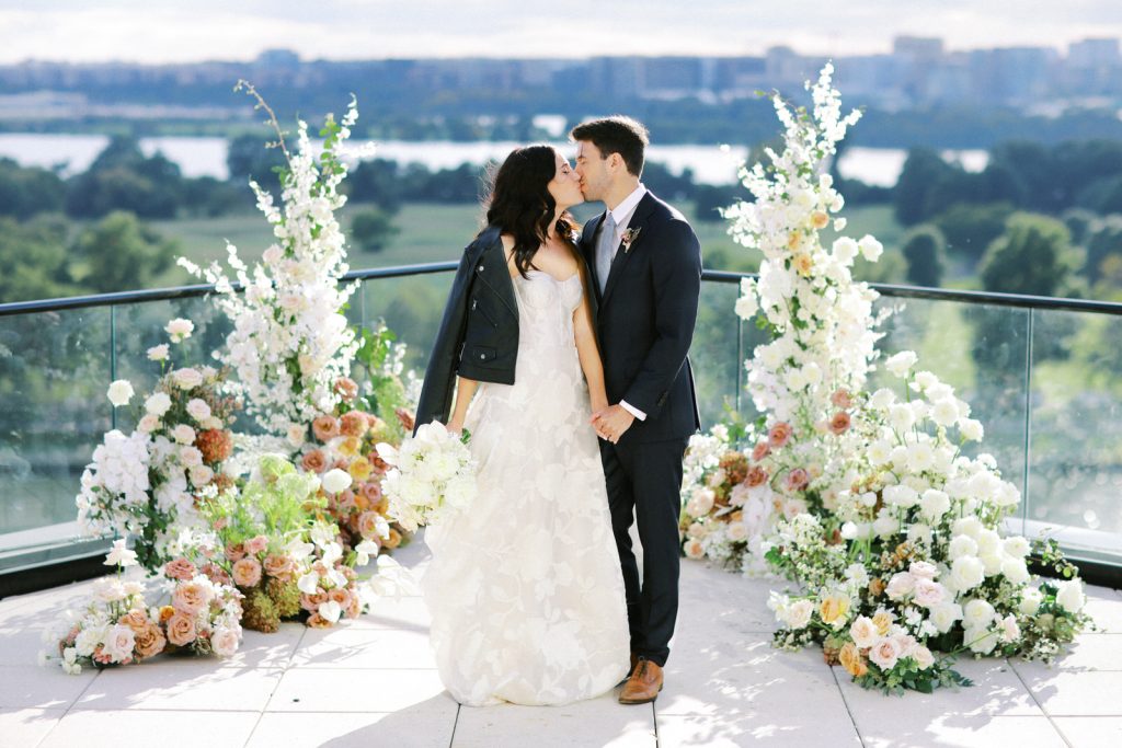 Romantic and modern DC wedding portraits with creative florals by Sweet Root Village at the chic DC wedding venue La Vie Restaurant. Styled by East Made and photographed by DC film wedding photographer Lindley Battle.