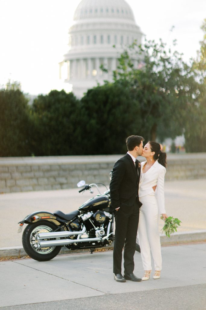 Edgy and modern DC wedding portraits in front of the classic DC monuments, with a wedding getaway motorcycle. Styled by East Made and photographed by DC film wedding photographer Lindley Battle.