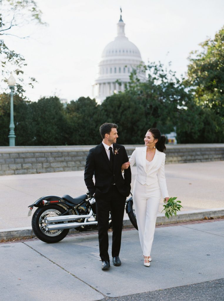 Edgy and modern DC wedding portraits in front of the classic DC monuments, with a wedding getaway motorcycle. Styled by East Made and photographed by DC film wedding photographer Lindley Battle.