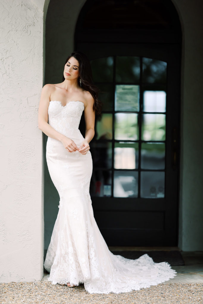 Stylish wedding dress photographed at Hotel Domestique in South Carolina.