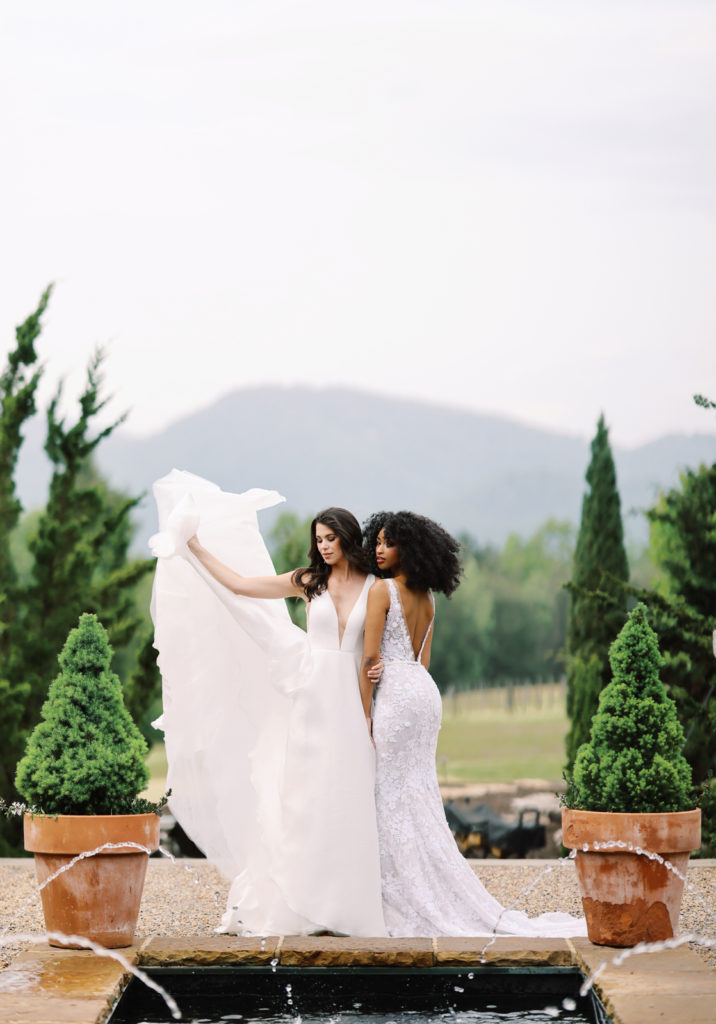 Stylish wedding dress photographed at Hotel Domestique in South Carolina.