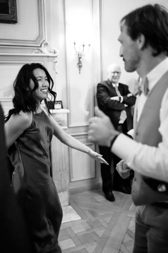 Candid wedding reception photography at a modern DC wedding at Meridian House.