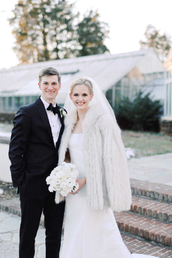 Stylish wedding photography of a newly married couple in Reynolda Gardens of Winston-Salem.